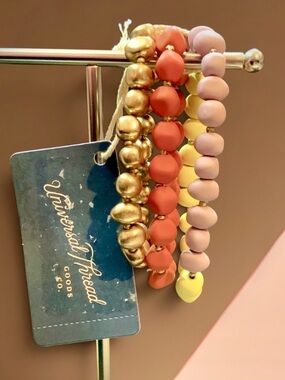 Trio of Stackable Bead Bracelet Set in Gold, Coral, Lavender & Yellow